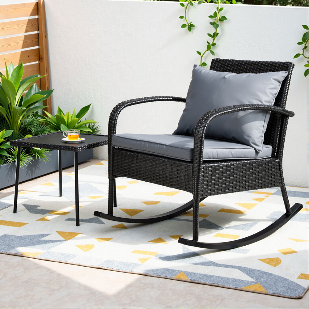 Gardeon 2PC Rocking Chair Table Wicker Outdoor Furniture Patio Lounge Setting ODF-ROCK-E-CHTB-BK