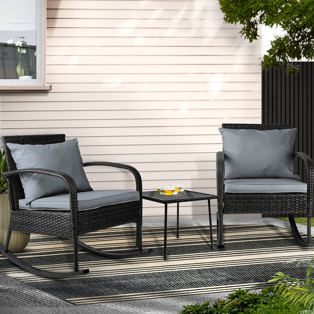 Gardeon 3PC Rocking Chair Table Wicker Outdoor Furniture Patio Bistro Set Black ODF-ROCK-E-SET-BK