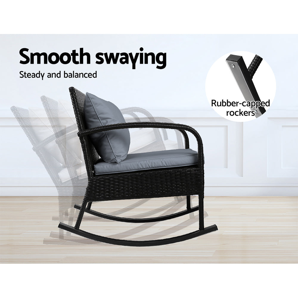 Gardeon 3PC Rocking Chair Table Wicker Outdoor Furniture Patio Bistro Set Black ODF-ROCK-E-SET-BK
