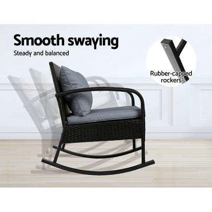Gardeon 3PC Rocking Chair Table Wicker Outdoor Furniture Patio Bistro Set Black ODF-ROCK-E-SET-BK