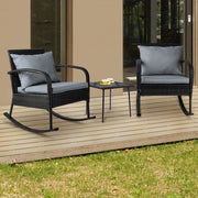 Gardeon 3PC Rocking Chair Table Wicker Outdoor Furniture Patio Bistro Set Black ODF-ROCK-E-SET-BK