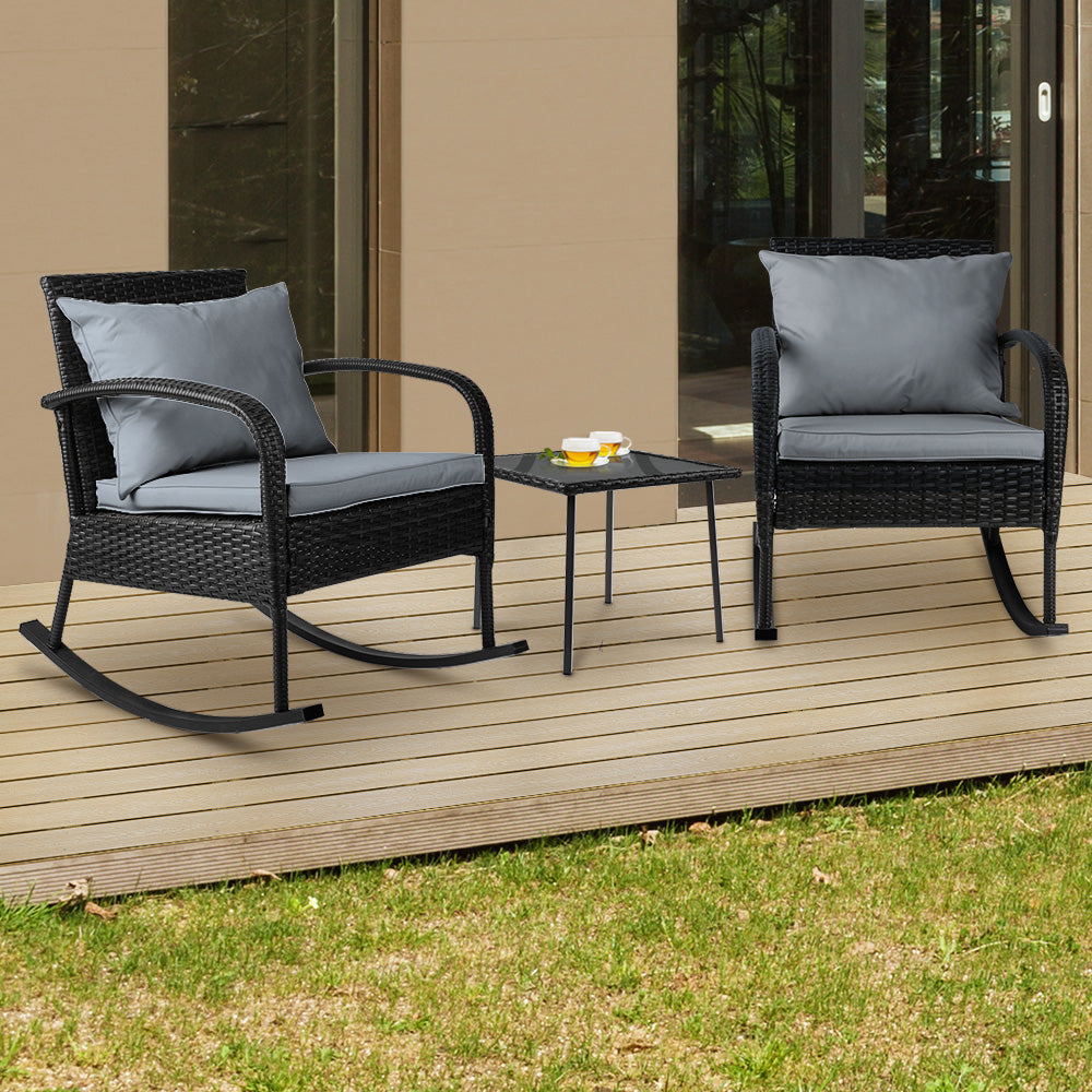 Gardeon 3PC Rocking Chair Table Wicker Outdoor Furniture Patio Bistro Set Black ODF-ROCK-E-SET-BK