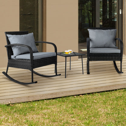 Gardeon 3PC Rocking Chair Table Wicker Outdoor Furniture Patio Bistro Set Black ODF-ROCK-E-SET-BK