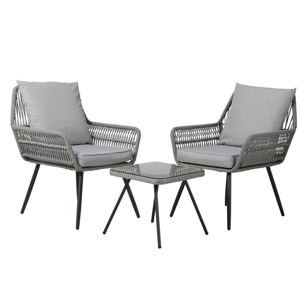 Gardeon 3PC Outdoor Furniture Bistro Set Lounge Setting Chairs Table Patio Grey ODF-ROPE-3PCS-GE