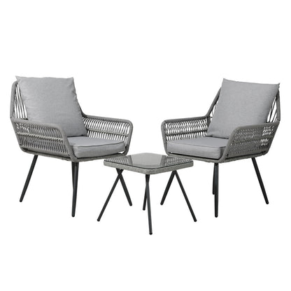 Gardeon 3PC Outdoor Furniture Bistro Set Lounge Setting Chairs Table Patio Grey ODF-ROPE-3PCS-GE
