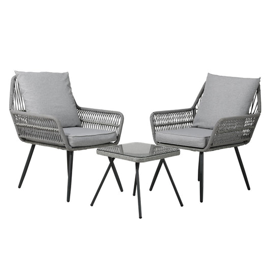 Gardeon 3PC Outdoor Furniture Bistro Set Lounge Setting Chairs Table Patio Grey ODF-ROPE-3PCS-GE