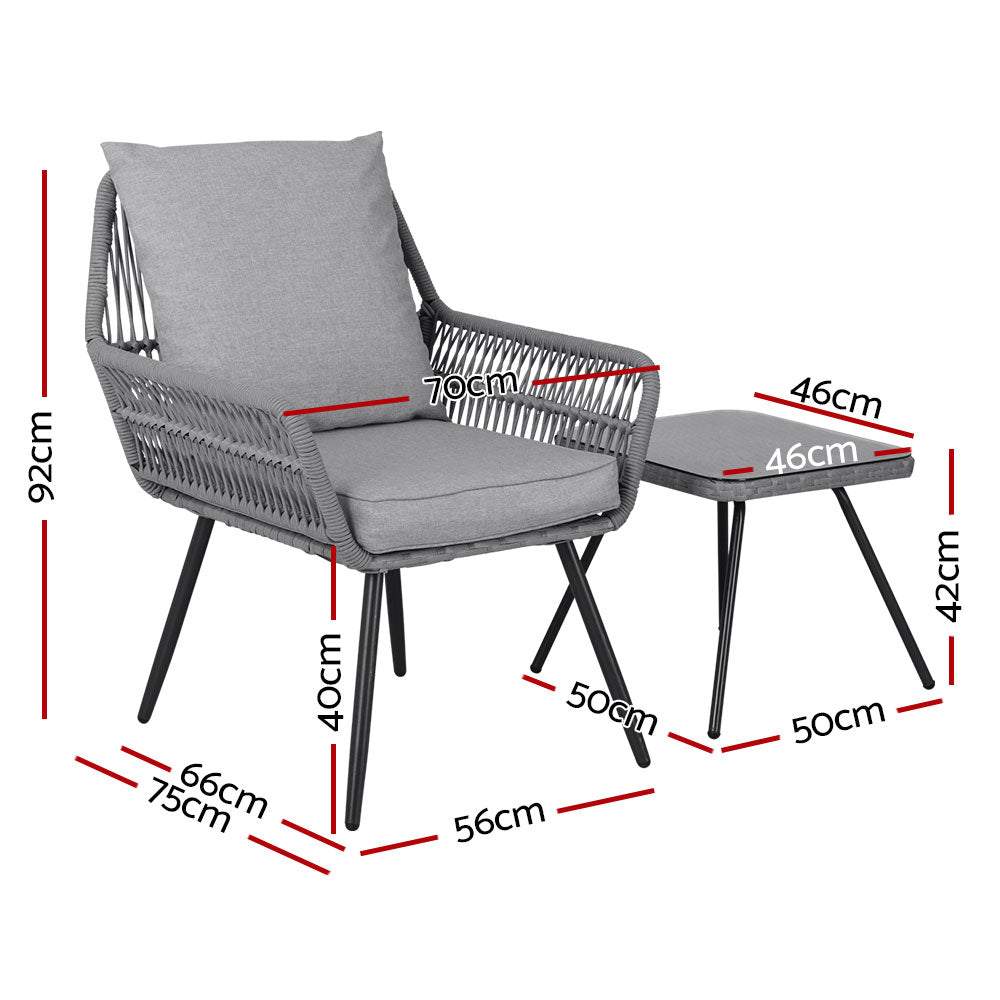 Gardeon 3PC Outdoor Furniture Bistro Set Lounge Setting Chairs Table Patio Grey ODF-ROPE-3PCS-GE
