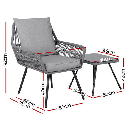 Gardeon 3PC Outdoor Furniture Bistro Set Lounge Setting Chairs Table Patio Grey ODF-ROPE-3PCS-GE