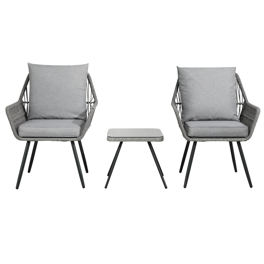 Gardeon 3PC Outdoor Furniture Bistro Set Lounge Setting Chairs Table Patio Grey ODF-ROPE-3PCS-GE