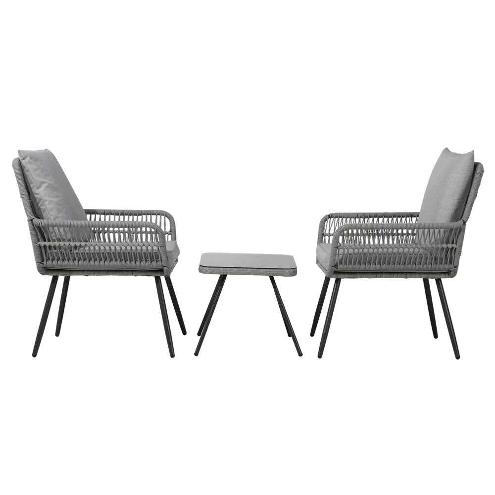 Gardeon 3PC Outdoor Furniture Bistro Set Lounge Setting Chairs Table Patio Grey ODF-ROPE-3PCS-GE