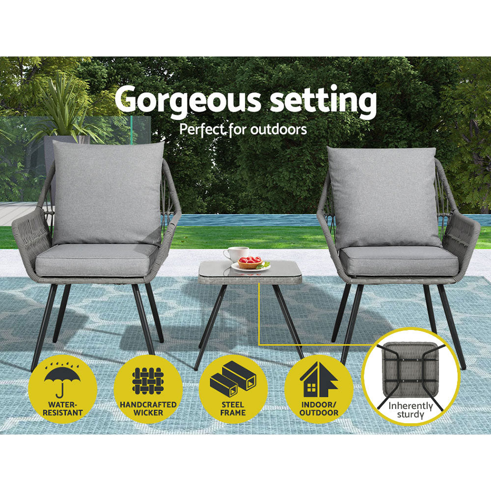 Gardeon 3PC Outdoor Furniture Bistro Set Lounge Setting Chairs Table Patio Grey ODF-ROPE-3PCS-GE