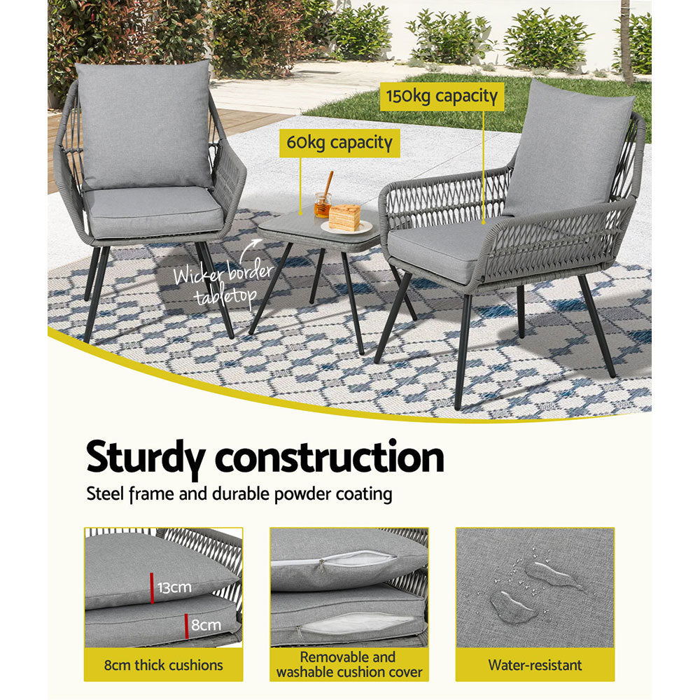 Gardeon 3PC Outdoor Furniture Bistro Set Lounge Setting Chairs Table Patio Grey ODF-ROPE-3PCS-GE