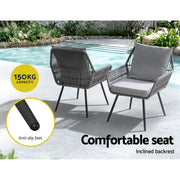 Gardeon 3PC Outdoor Furniture Bistro Set Lounge Setting Chairs Table Patio Grey ODF-ROPE-3PCS-GE