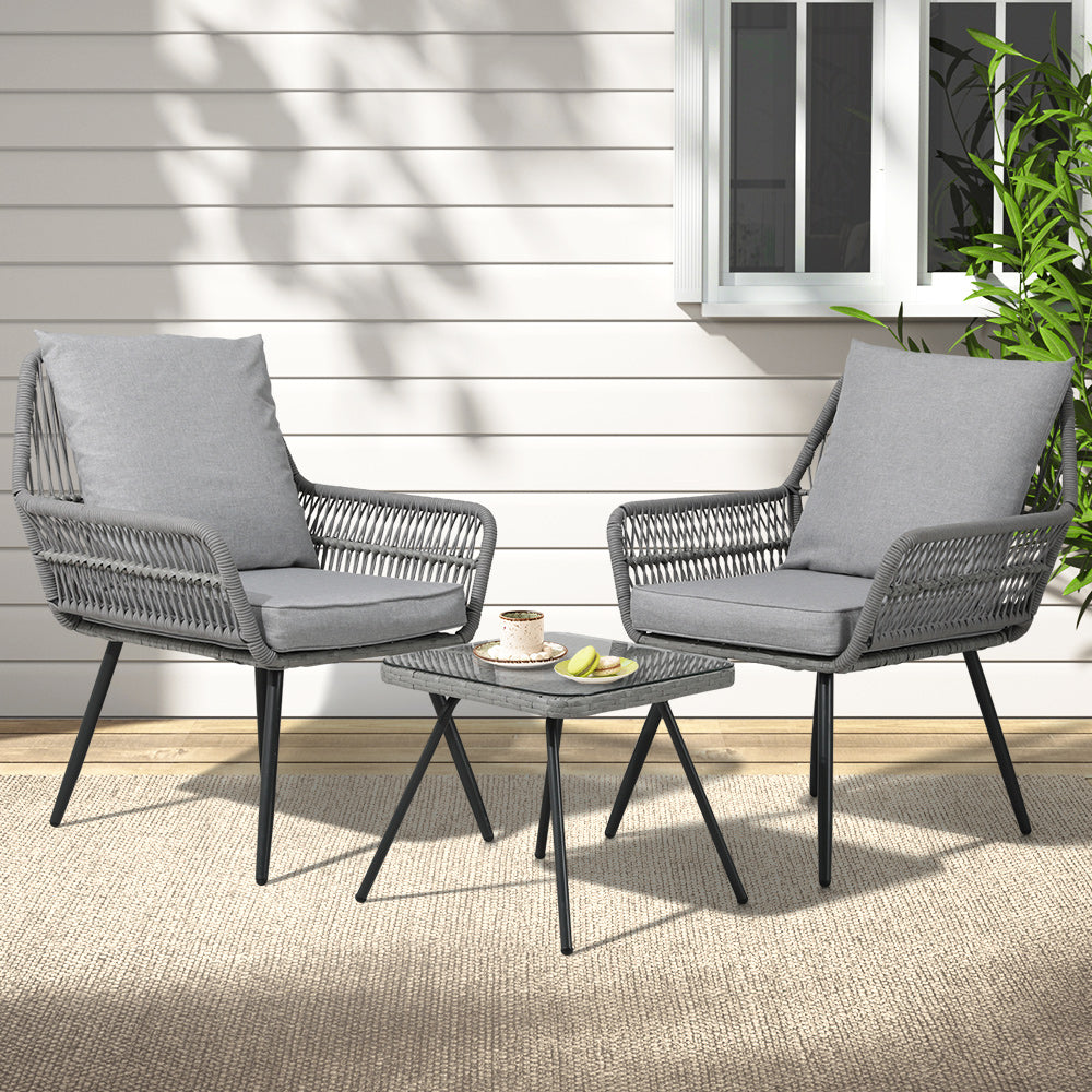 Gardeon 3PC Outdoor Furniture Bistro Set Lounge Setting Chairs Table Patio Grey ODF-ROPE-3PCS-GE