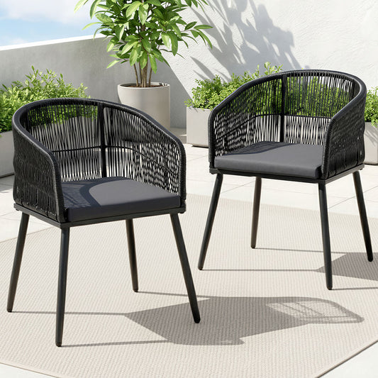 Gardeon 2PC Outdoor Dining Chairs Wicker Chair Patio Furniture Garden Steel Black ODF-ROPE-WD-BK-2X