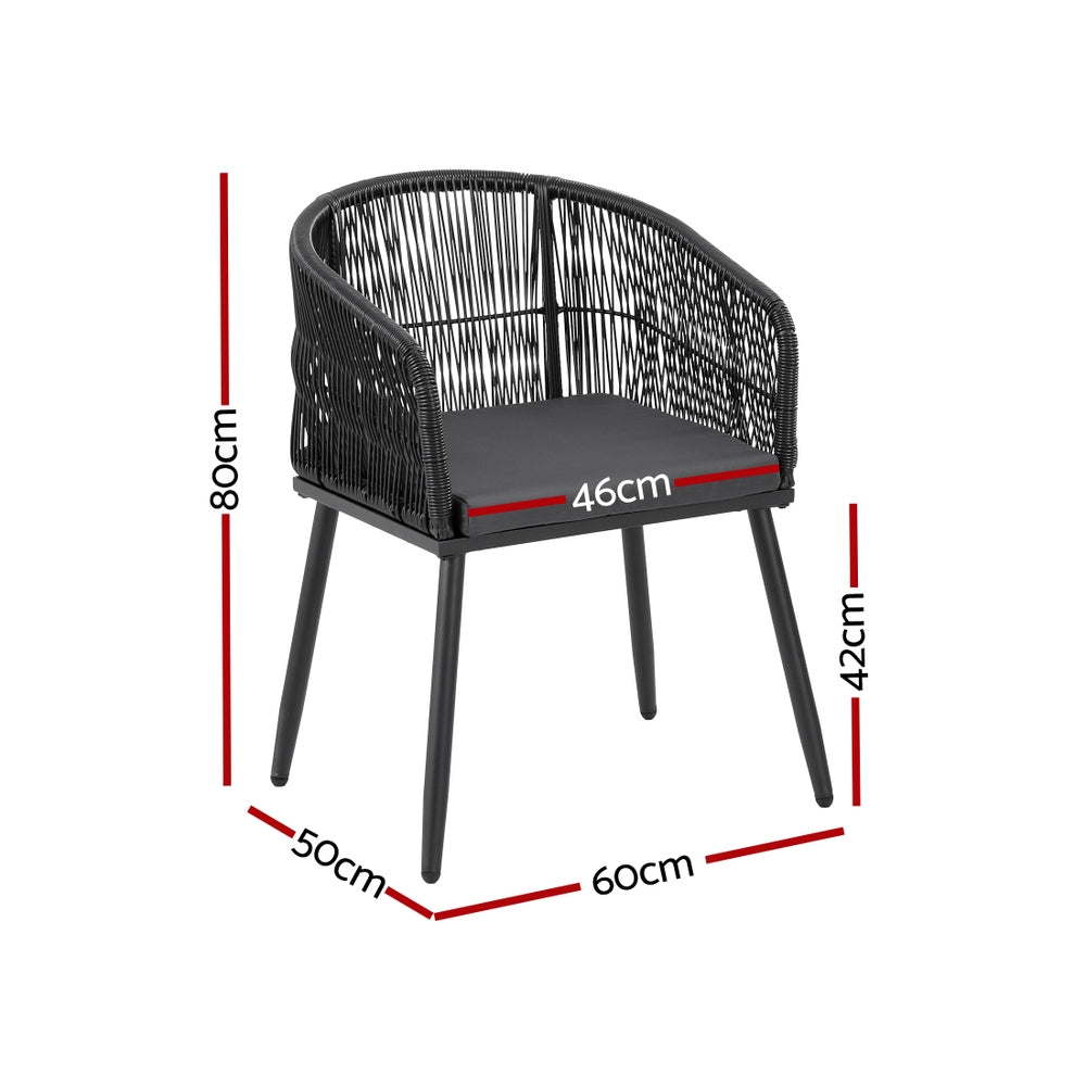 Gardeon 2PC Outdoor Dining Chairs Wicker Chair Patio Furniture Garden Steel Black ODF-ROPE-WD-BK-2X
