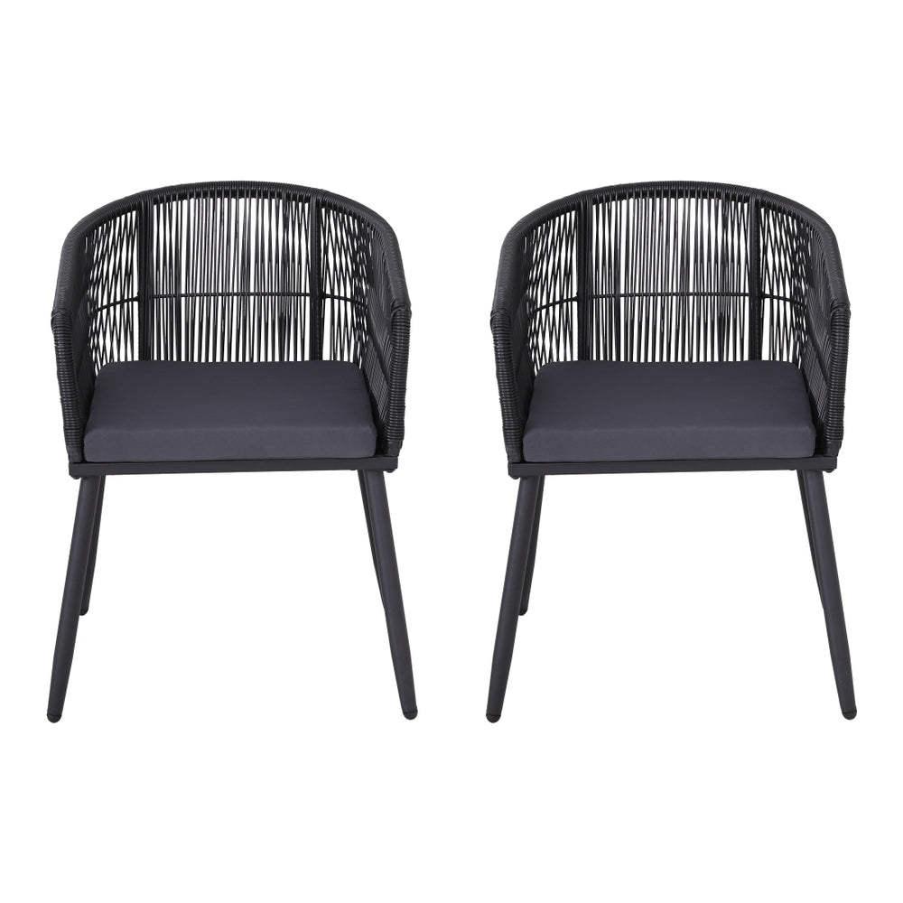 Gardeon 2PC Outdoor Dining Chairs Wicker Chair Patio Furniture Garden Steel Black ODF-ROPE-WD-BK-2X
