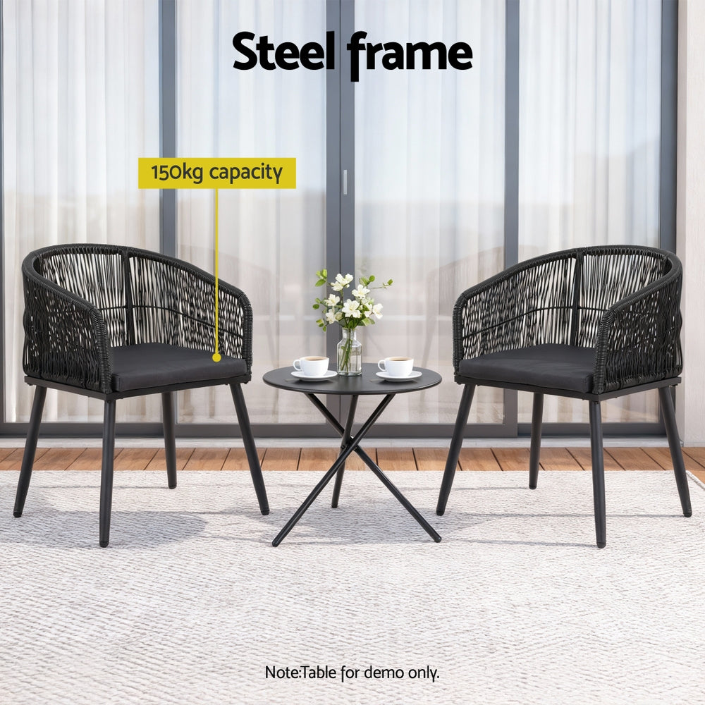 Gardeon 2PC Outdoor Dining Chairs Wicker Chair Patio Furniture Garden Steel Black ODF-ROPE-WD-BK-2X