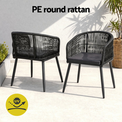Gardeon 2PC Outdoor Dining Chairs Wicker Chair Patio Furniture Garden Steel Black ODF-ROPE-WD-BK-2X