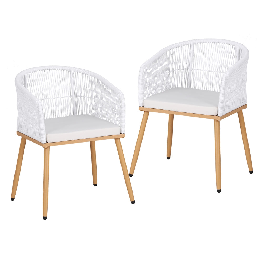 Gardeon 2PC Outdoor Dining Chairs Wicker Chair Patio Furniture Garden Steel White ODF-ROPE-WD-WH-2X