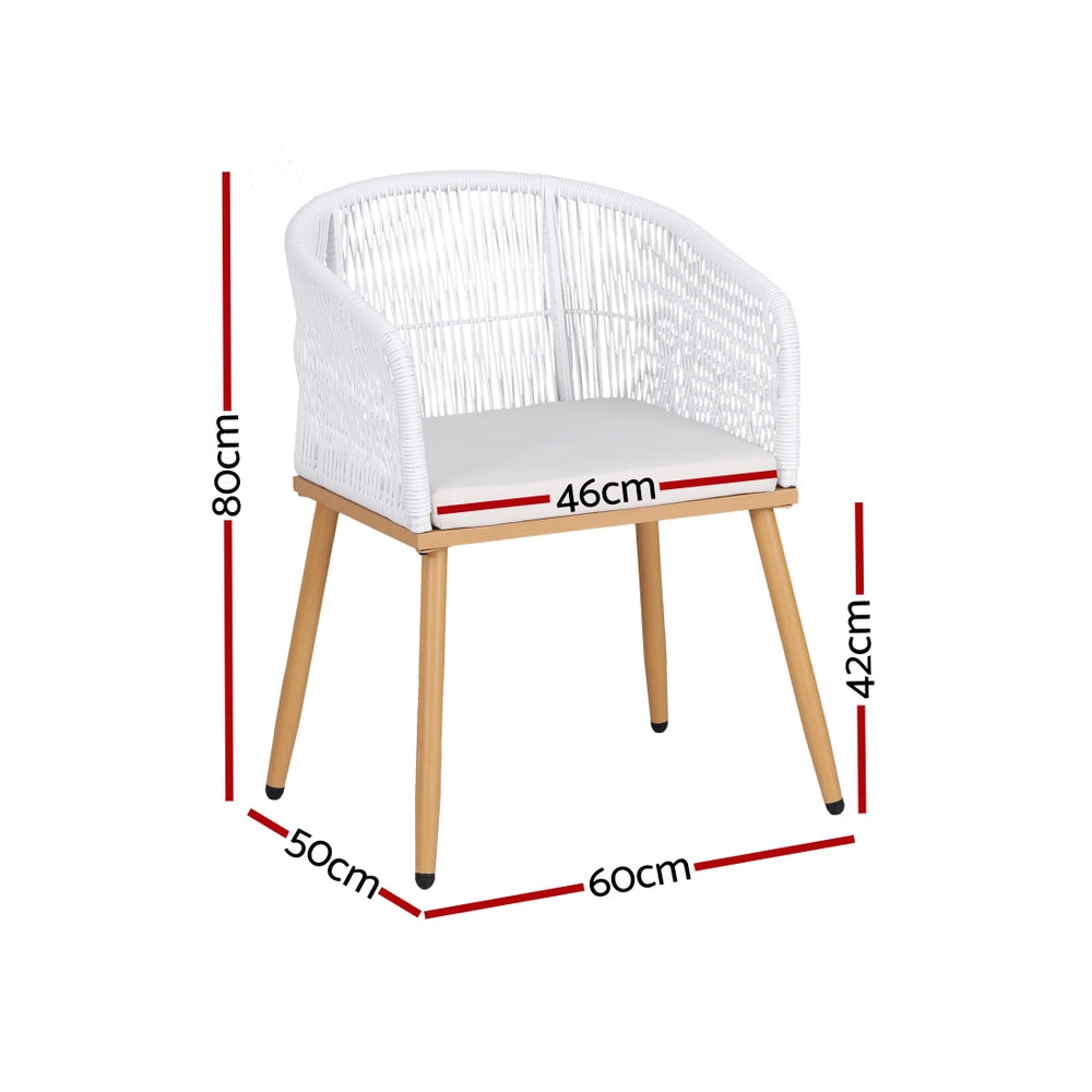 Gardeon 2PC Outdoor Dining Chairs Wicker Chair Patio Furniture Garden Steel White ODF-ROPE-WD-WH-2X