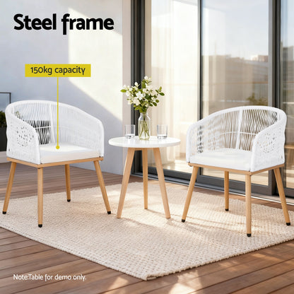 Gardeon 2PC Outdoor Dining Chairs Wicker Chair Patio Furniture Garden Steel White ODF-ROPE-WD-WH-2X