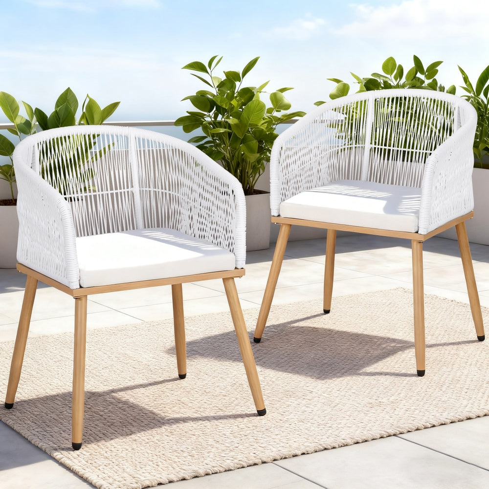 Gardeon 2PC Outdoor Dining Chairs Wicker Chair Patio Furniture Garden Steel White ODF-ROPE-WD-WH-2X