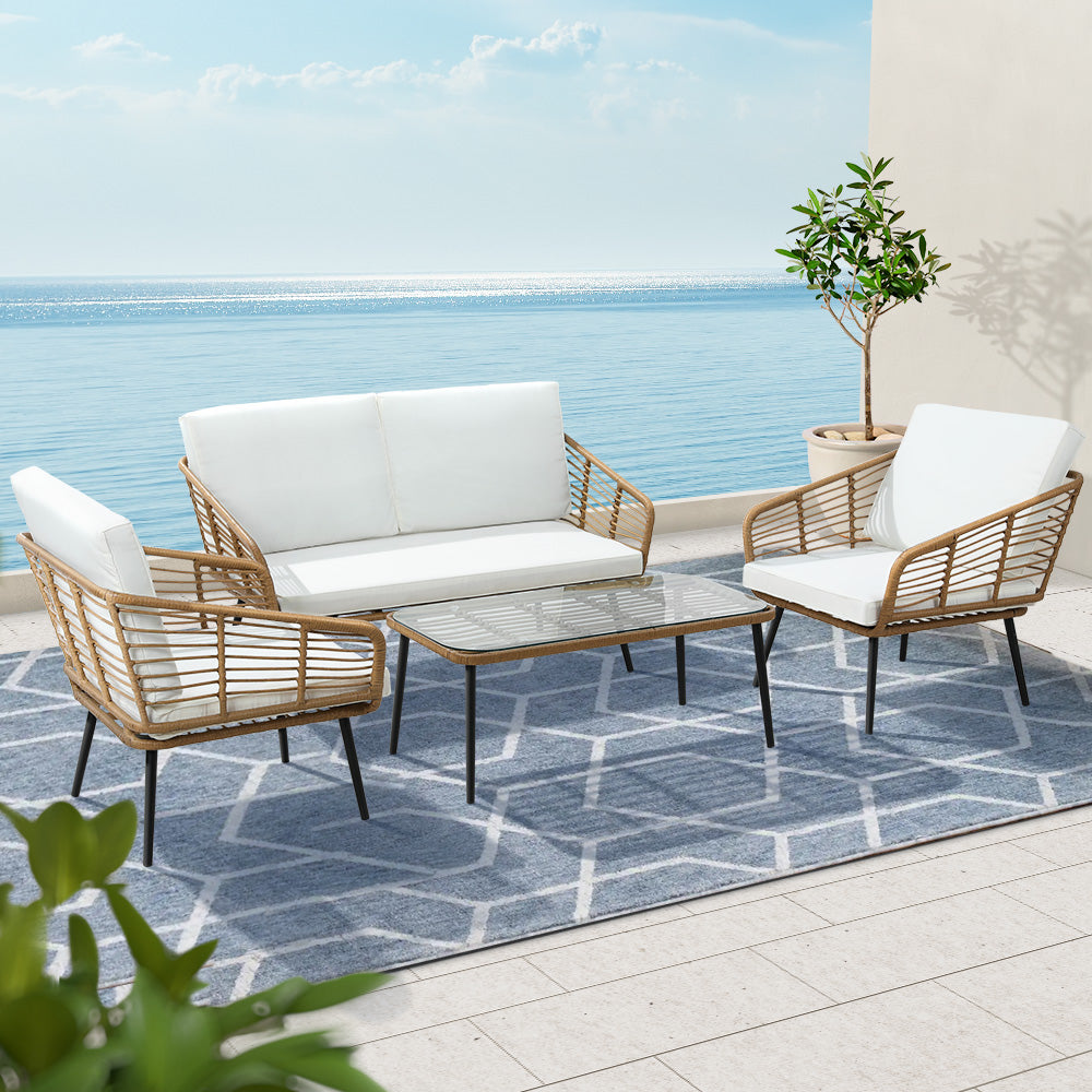 Gardeon 4-Piece Outdoor Sofa Set Rattan Lounge Setting Table Chairs ODF-ROUNDRAT-4PCS-NT