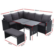 Gardeon Outdoor Furniture Dining Setting Sofa Set Lounge Wicker 8 Seater Black ODF-SDBOSS-1BENCH-BK