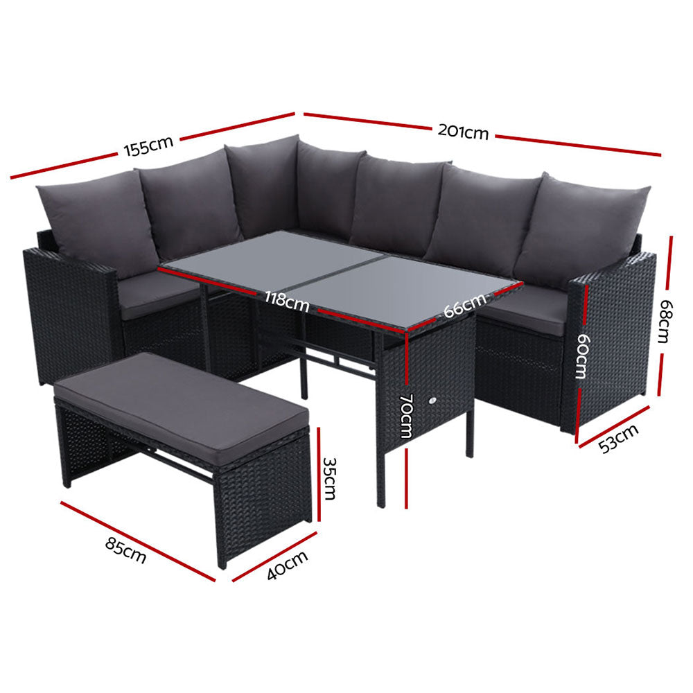 Gardeon Outdoor Furniture Dining Setting Sofa Set Lounge Wicker 8 Seater Black ODF-SDBOSS-1BENCH-BK