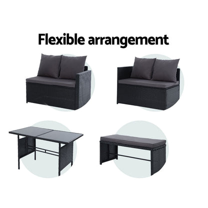 Gardeon Outdoor Furniture Dining Setting Sofa Set Lounge Wicker 8 Seater Black ODF-SDBOSS-1BENCH-BK