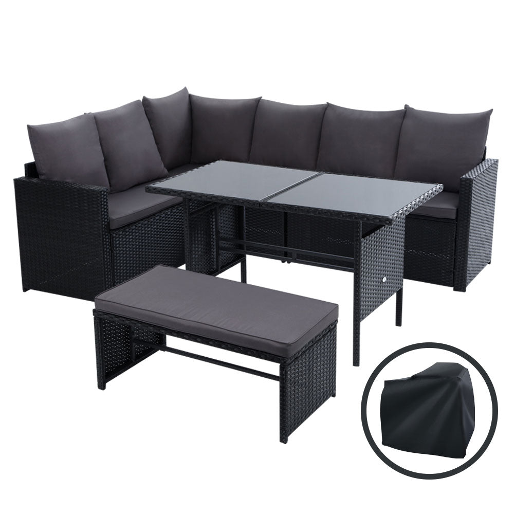 Gardeon Outdoor Dining Set Sofa Lounge Setting Chairs Table Bench Black Cover ODF-SDBOSS-1BENCH-BK-COVER