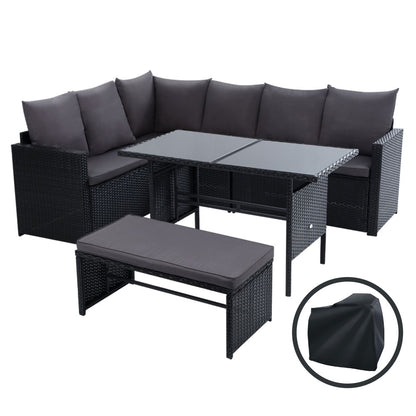 Gardeon Outdoor Dining Set Sofa Lounge Setting Chairs Table Bench Black Cover ODF-SDBOSS-1BENCH-BK-COVER