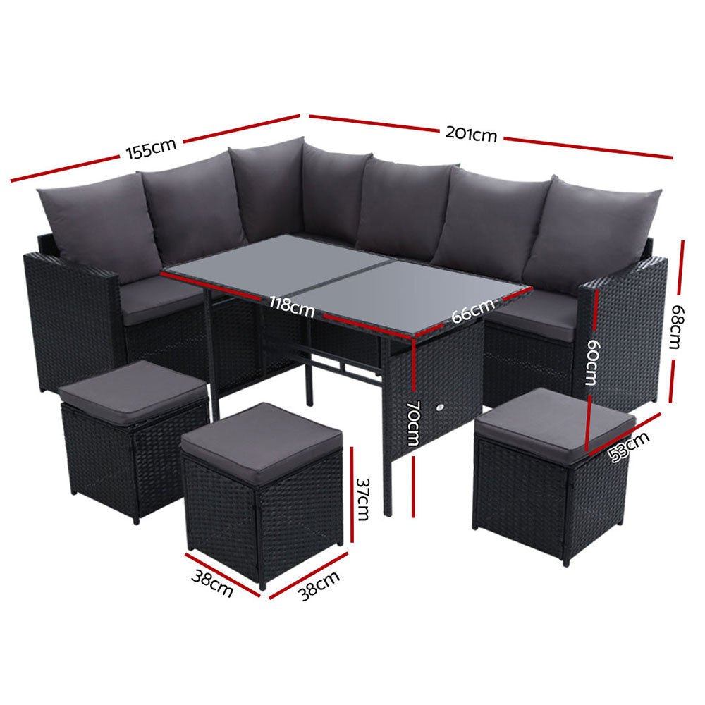 Gardeon Outdoor Dining Set Sofa Lounge Setting Chairs Table Ottoman Black Cover ODF-SDBOSS-3OTM-BK-COVER