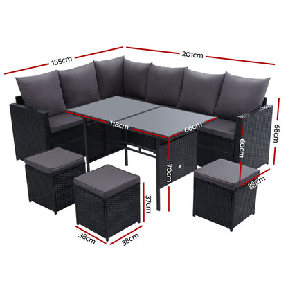 Gardeon Outdoor Dining Set Sofa Lounge Setting Chairs Table Ottoman Black Cover ODF-SDBOSS-3OTM-BK-COVER