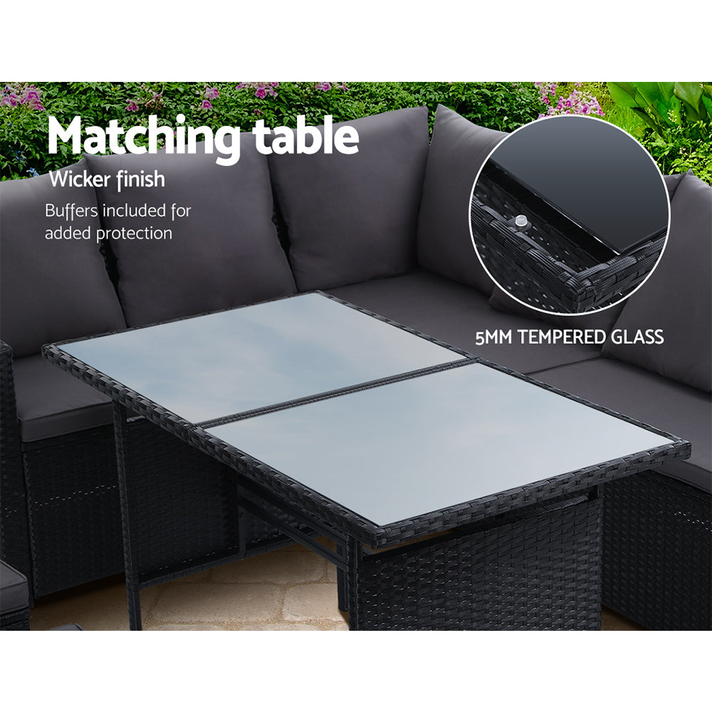 Gardeon Outdoor Dining Set Sofa Lounge Setting Chairs Table Ottoman Black Cover ODF-SDBOSS-3OTM-BK-COVER