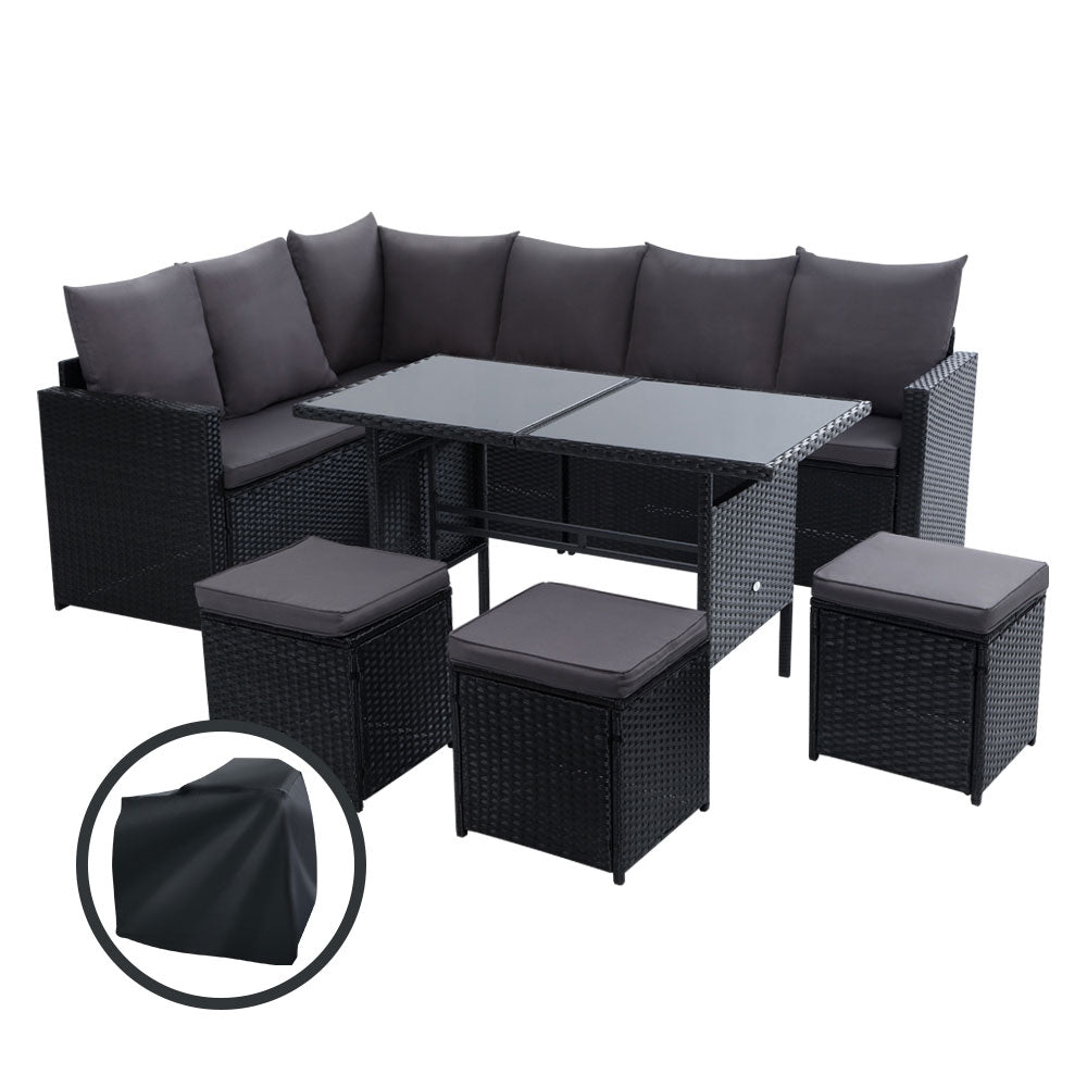 Gardeon Outdoor Dining Set Sofa Lounge Setting Chairs Table Ottoman Black Cover ODF-SDBOSS-3OTM-BK-COVER