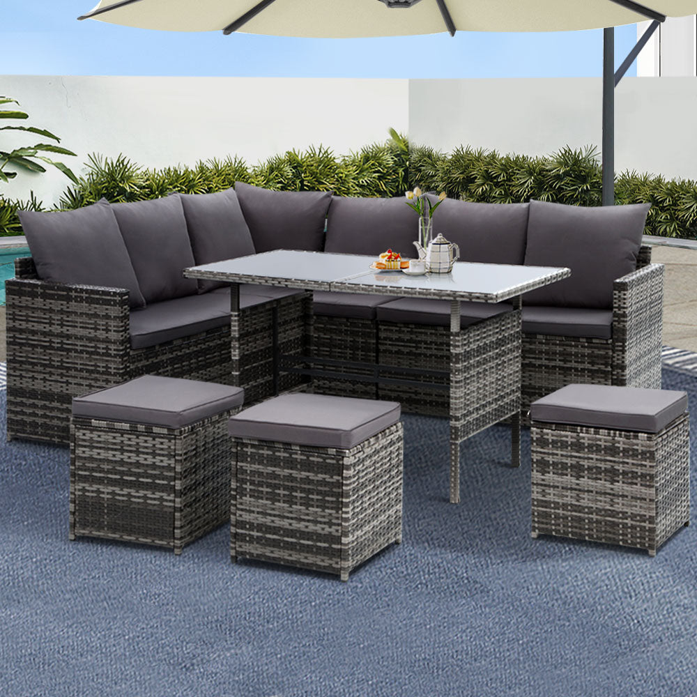 Gardeon Outdoor Furniture Dining Setting Sofa Set Lounge Wicker 9 Seater Mixed Grey ODF-SDBOSS-3OTM-GE