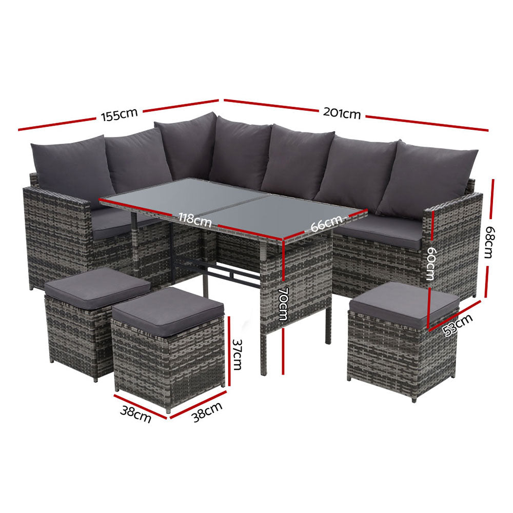 Gardeon Outdoor Furniture Dining Setting Sofa Set Lounge Wicker 9 Seater Mixed Grey ODF-SDBOSS-3OTM-GE