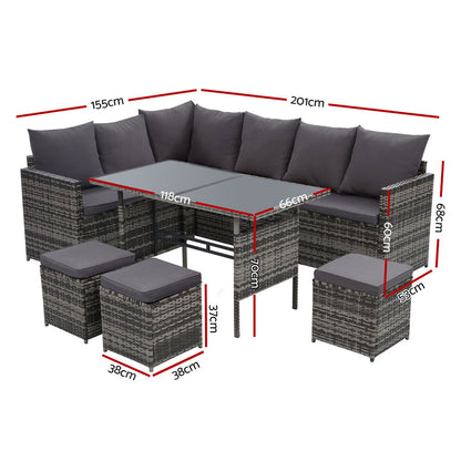 Gardeon Outdoor Furniture Dining Setting Sofa Set Lounge Wicker 9 Seater Mixed Grey ODF-SDBOSS-3OTM-GE