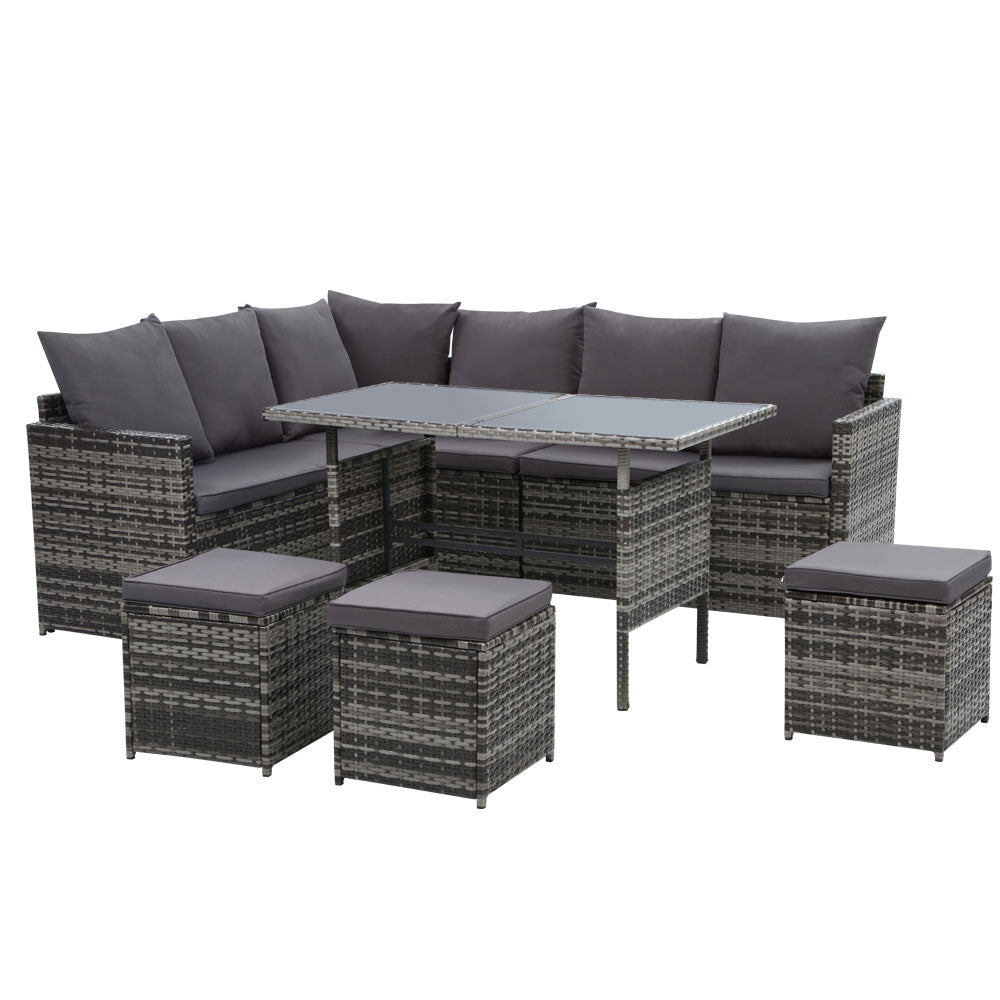 Gardeon Outdoor Furniture Dining Setting Sofa Set Lounge Wicker 9 Seater Mixed Grey ODF-SDBOSS-3OTM-GE