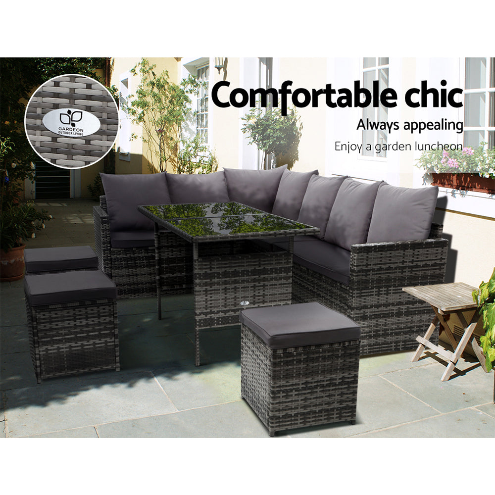Gardeon Outdoor Dining Set Sofa Lounge Setting Chairs Table Ottoman Grey Cover ODF-SDBOSS-3OTM-GE-COVER