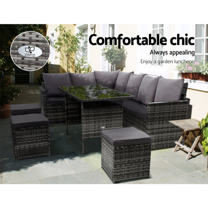 Gardeon Outdoor Dining Set Sofa Lounge Setting Chairs Table Ottoman Grey Cover ODF-SDBOSS-3OTM-GE-COVER