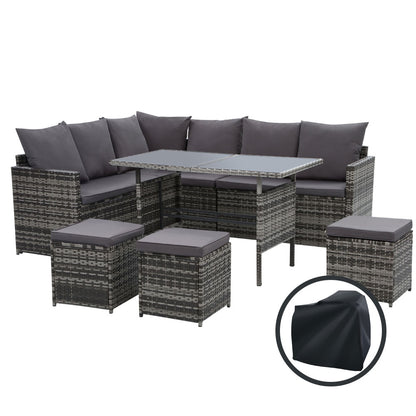 Gardeon Outdoor Dining Set Sofa Lounge Setting Chairs Table Ottoman Grey Cover ODF-SDBOSS-3OTM-GE-COVER