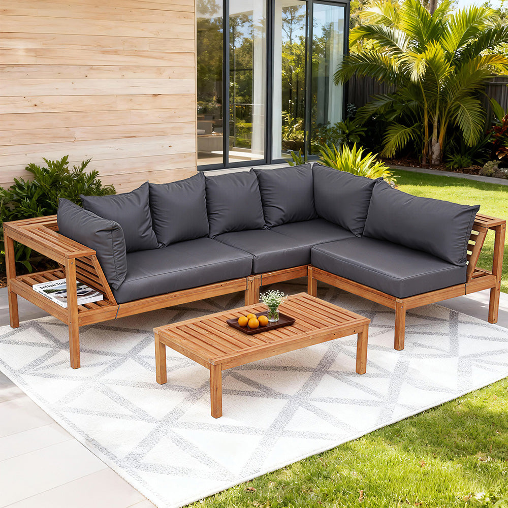 Gardeon 4 Pieces Outdoor Sofa Set 5-Seater Wooden Bench with Built-in Side Table ODF-SOFA-4PC-5S-ST-TK-AB