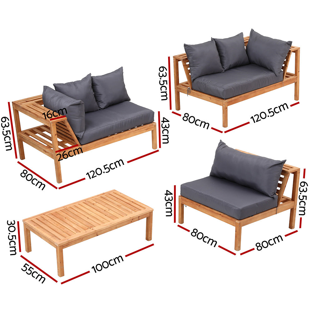 Gardeon 4 Pieces Outdoor Sofa Set 5-Seater Wooden Bench with Built-in Side Table ODF-SOFA-4PC-5S-ST-TK-AB