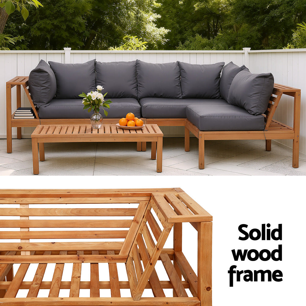 Gardeon 4 Pieces Outdoor Sofa Set 5-Seater Wooden Bench with Built-in Side Table ODF-SOFA-4PC-5S-ST-TK-AB