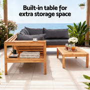 Gardeon 4 Pieces Outdoor Sofa Set 5-Seater Wooden Bench with Built-in Side Table ODF-SOFA-4PC-5S-ST-TK-AB