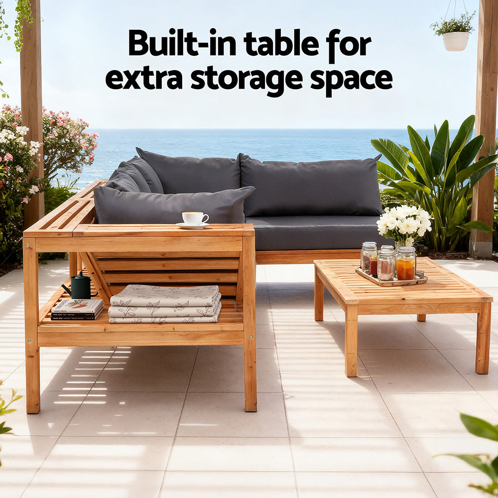 Gardeon 4 Pieces Outdoor Sofa Set 5-Seater Wooden Bench with Built-in Side Table ODF-SOFA-4PC-5S-ST-TK-AB
