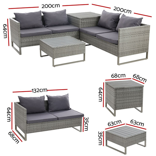 Gardeon 4-Seater Outdoor Sofa Furniture Lounge Set Wicker Setting Grey ODF-SOFA-4PCS-GE-AB